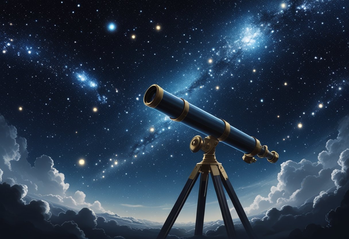 A telescope pointing at a dark, star-filled night sky with many distant stars and galaxies visible.