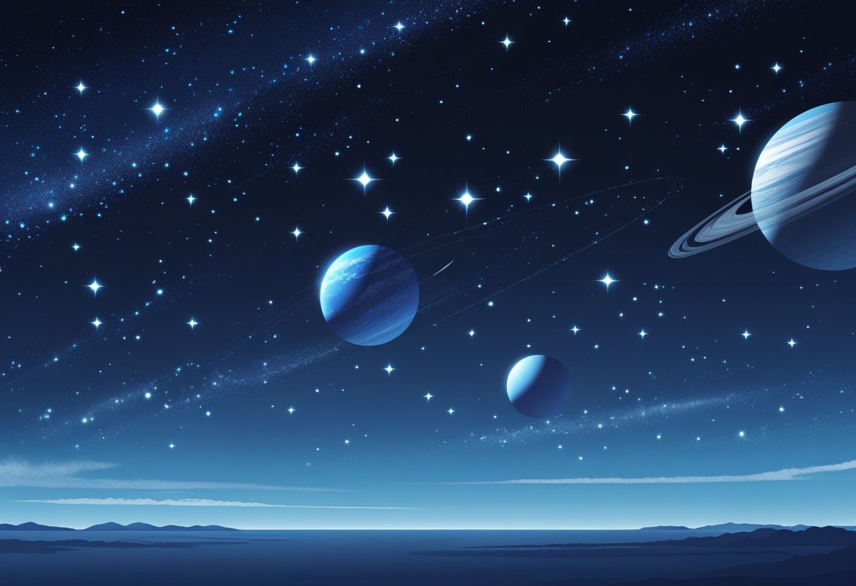 Night sky showing twinkling stars and steady bright planets with atmospheric layers visible near the horizon.