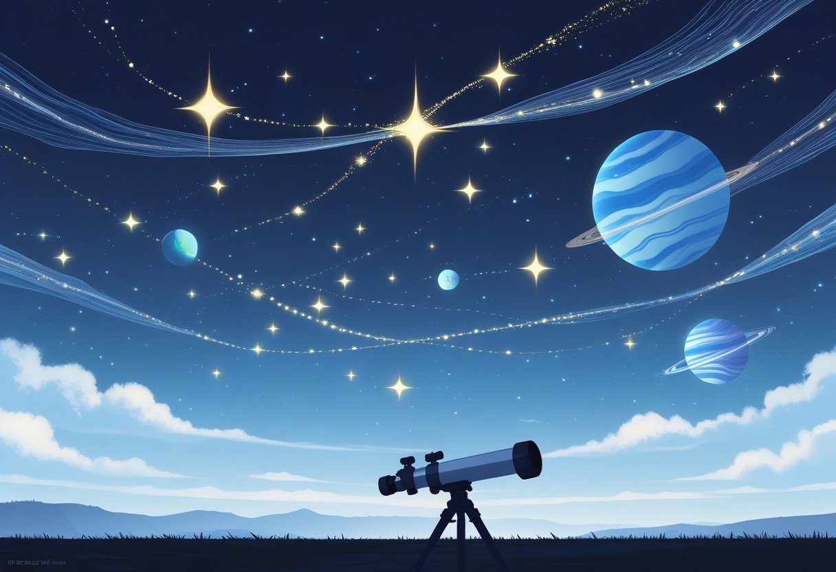 Night sky showing stars twinkling with wavy light and planets shining steadily above a telescope under atmospheric layers.