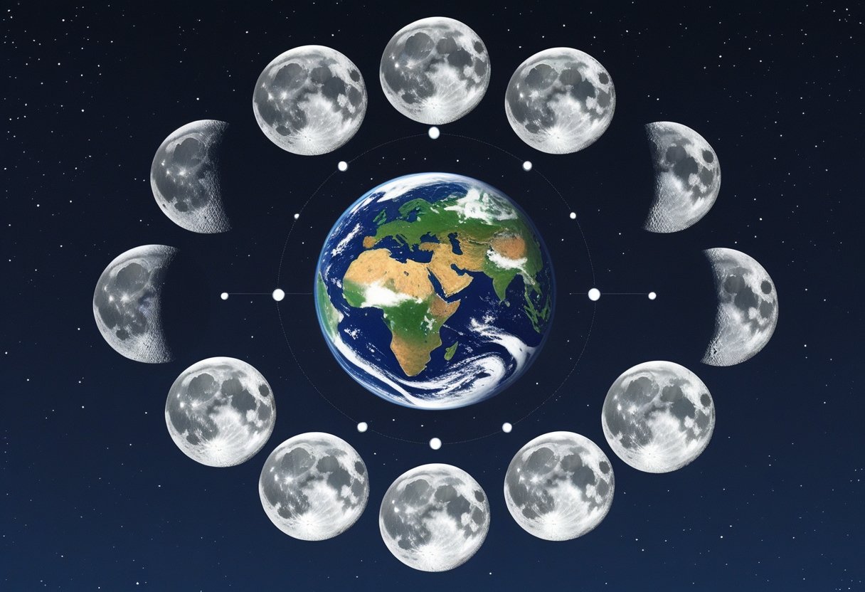 A circular arrangement of the moon showing all its phases around a realistic Earth in the center against a dark starry sky.