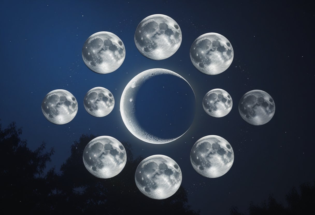 A circular arrangement of the eight phases of the moon shown against a dark night sky with stars.