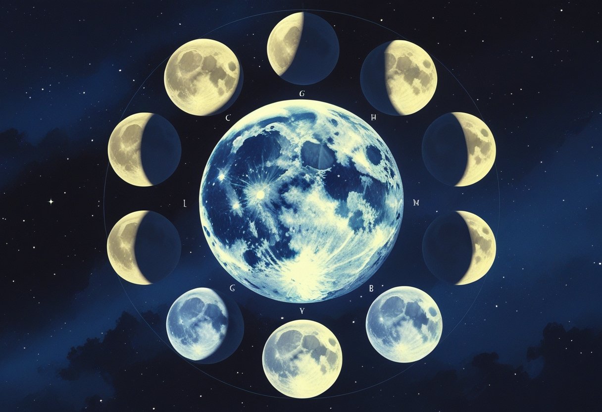 An illustration showing the Earth with the Moon orbiting around it, displaying the eight phases of the Moon in sequence against a starry background.