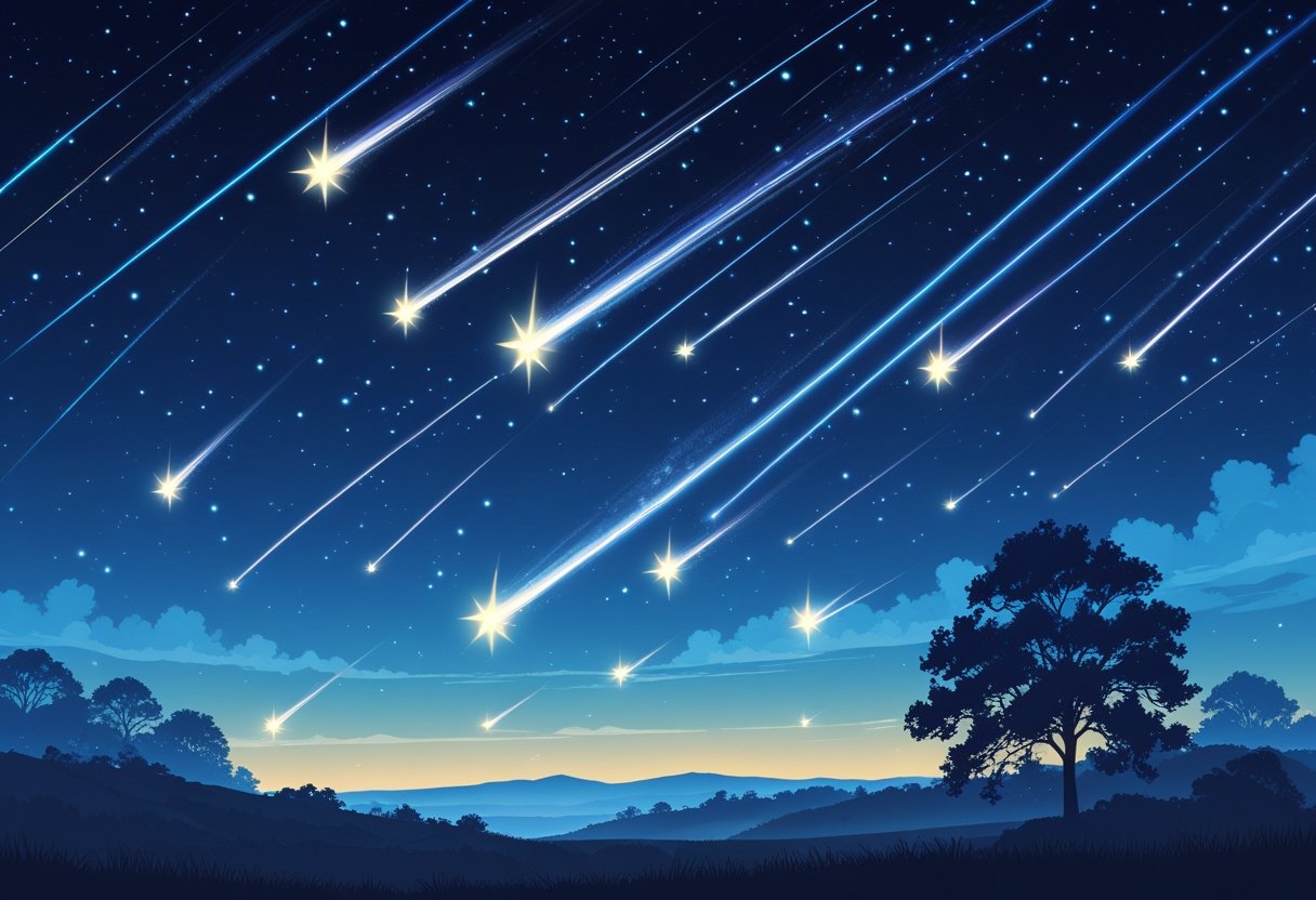 A night sky with many bright shooting stars streaking over a landscape of trees and hills.
