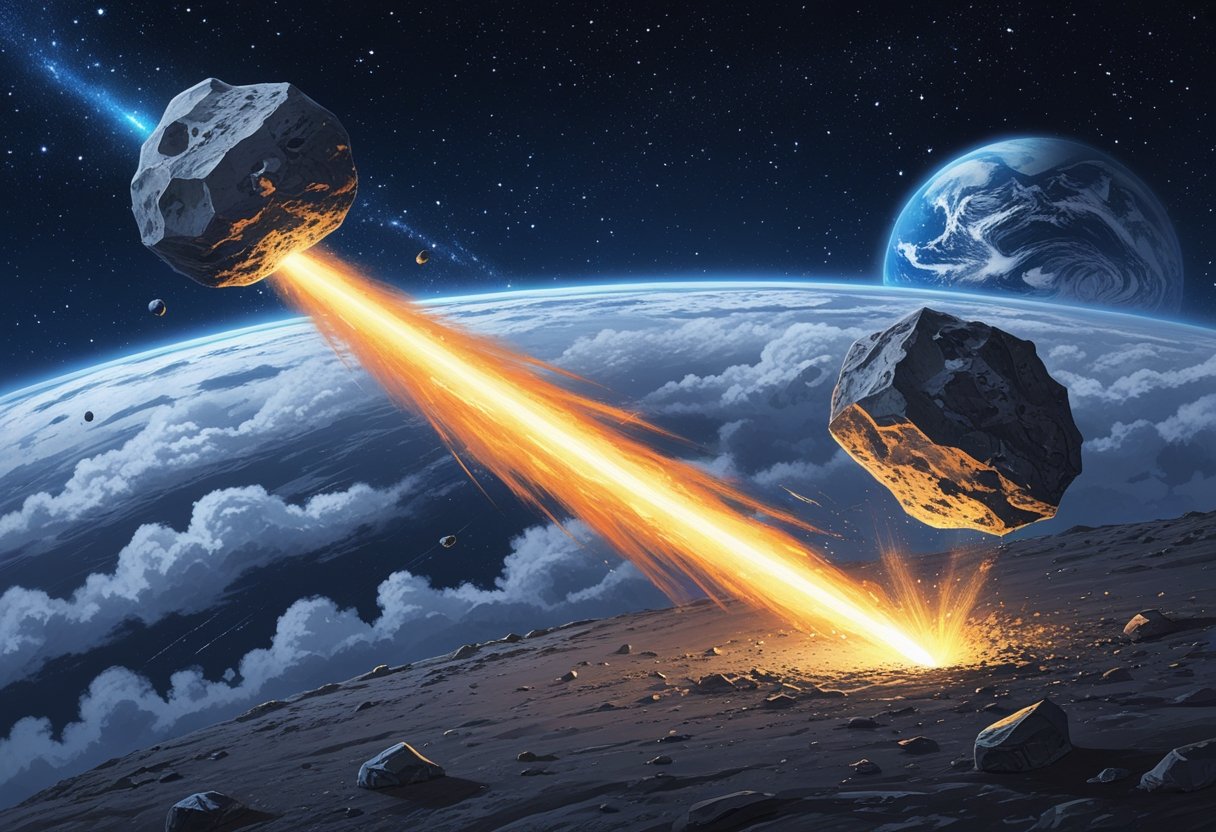 Illustration showing a small rock in space, a bright streak of light entering Earth’s atmosphere, and a rock fragment on the ground.