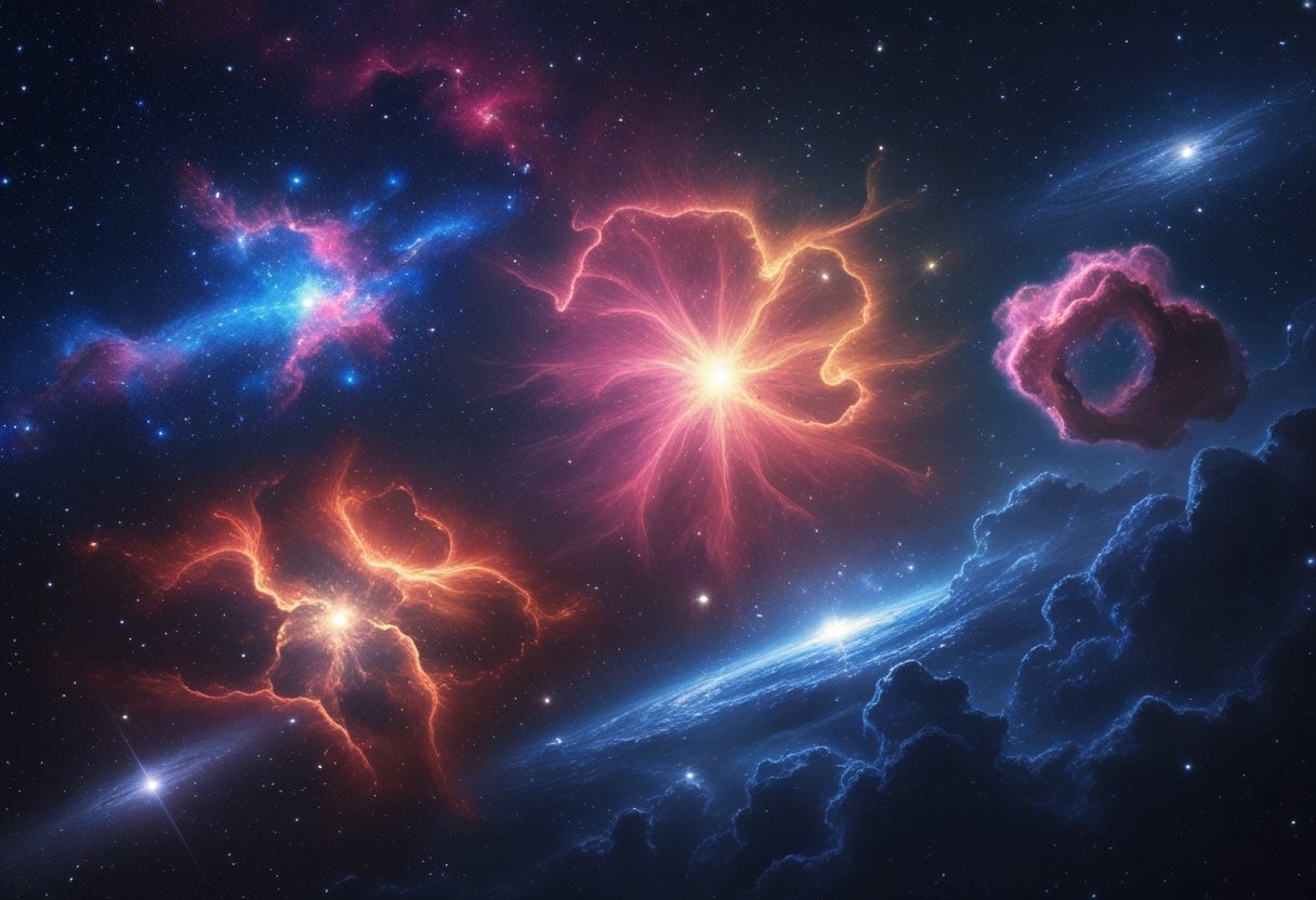A colorful space scene showing different types of nebulas, including red, blue, dark, and planetary nebulas, set against a star-filled cosmic background.