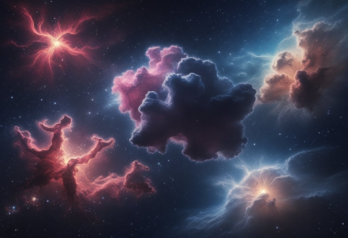 A space scene showing different types of nebulas including glowing red emission nebula, dark dust nebula, blue reflection nebula, and colorful planetary nebula with stars in the background.
