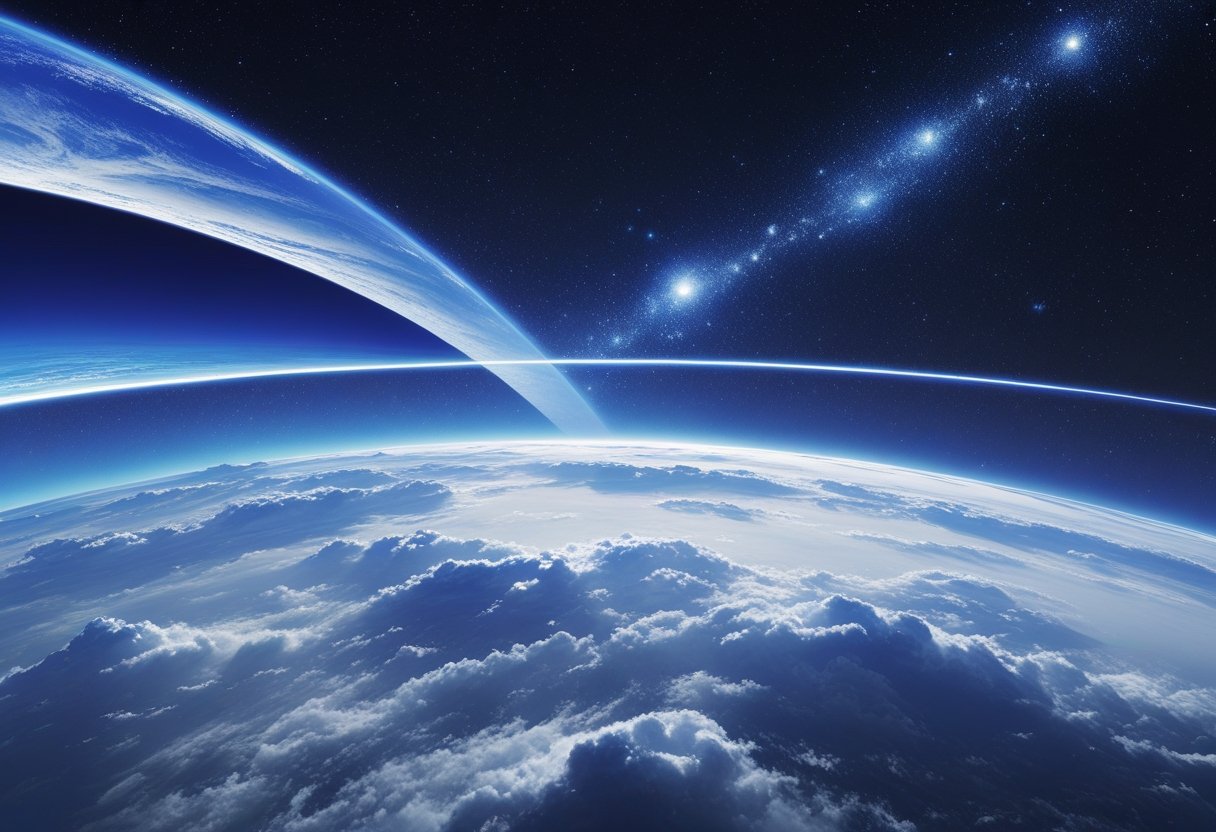 A cross-sectional view showing Earth's atmosphere thinning into the airless vacuum of outer space with stars and a floating astronaut near the boundary.