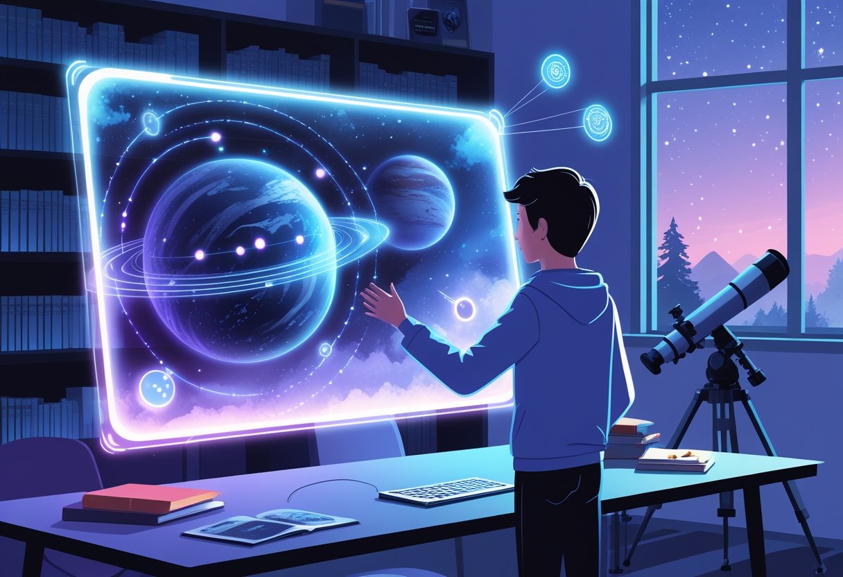A person using a holographic display to study planets and stars with AI elements around them in a modern study room with a telescope and starry sky outside.