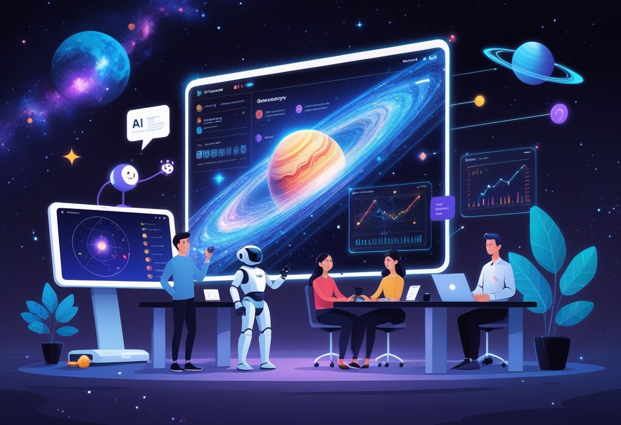 A group of people using advanced AI tools and holographic displays to explore star maps and planets in a futuristic astronomy workspace.