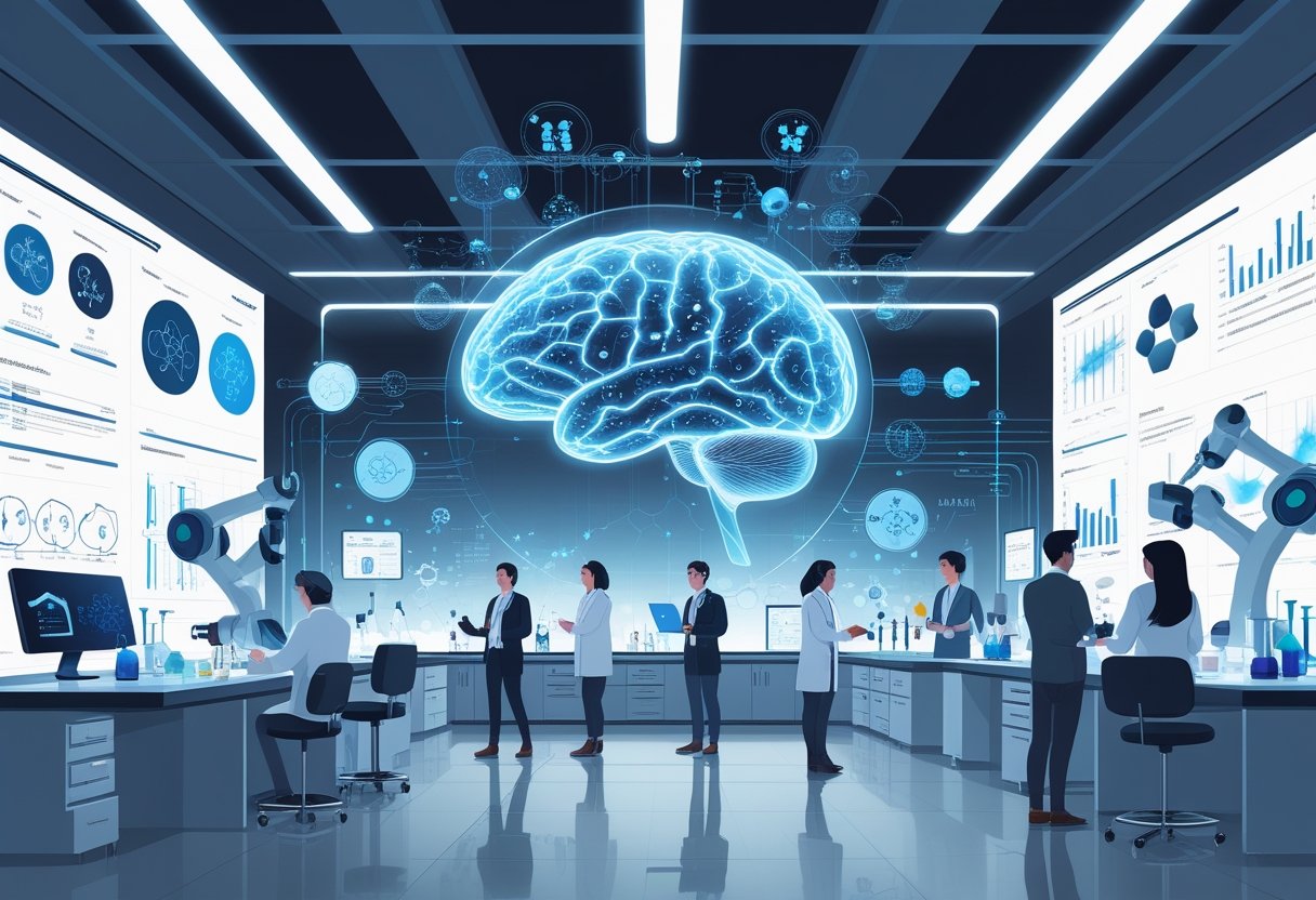 Scientists working in a modern lab with a glowing AI brain hologram surrounded by scientific symbols and data displays.