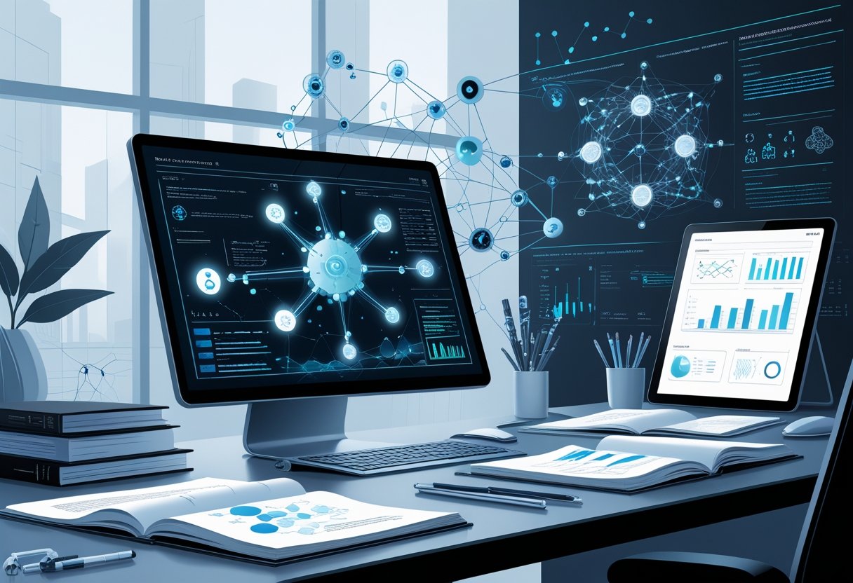A modern workspace with a computer displaying digital scientific data and AI-related visuals, surrounded by scientific journals and notes.