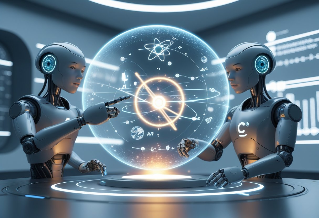 Three futuristic humanoid robots are gathered around a glowing holographic display showing physics concepts like atoms, planets, and waveforms in a high-tech lab setting.