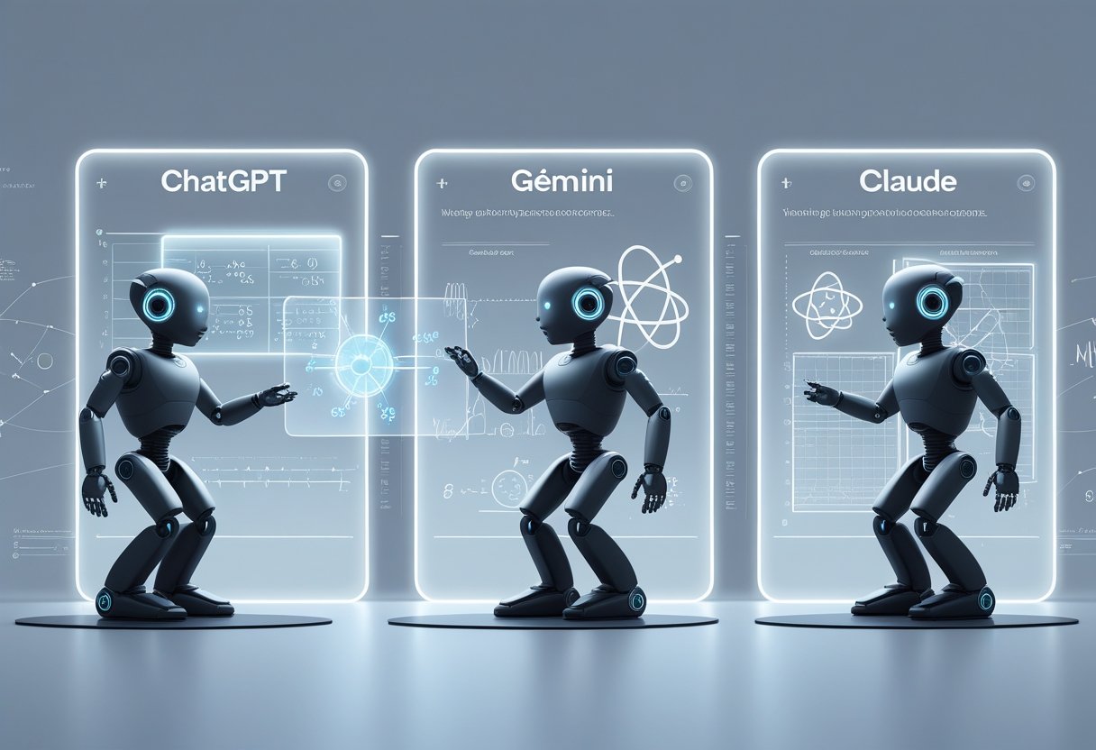 Three humanoid AI figures each interacting with different physics concepts such as equations, atomic structures, and force diagrams in a futuristic lab setting.