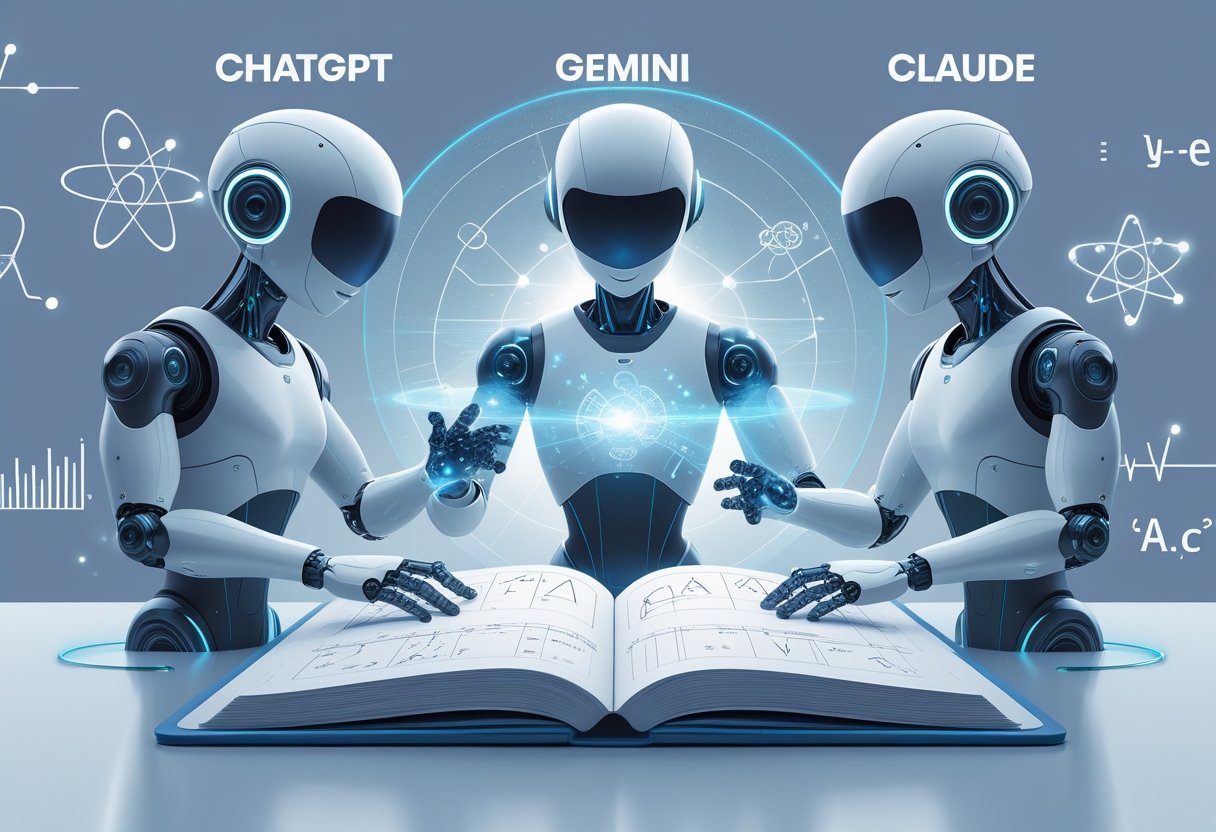 Three futuristic AI figures interact with a large physics textbook displaying formulas and diagrams, surrounded by scientific symbols and glowing projections.