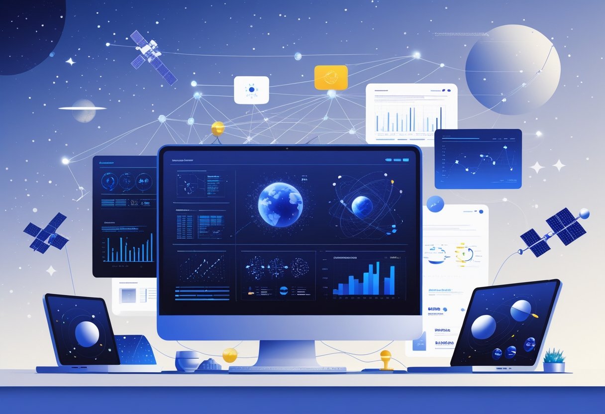 A workspace showing a computer with data visualizations and digital elements representing AI analyzing space science research papers, with space imagery in the background.