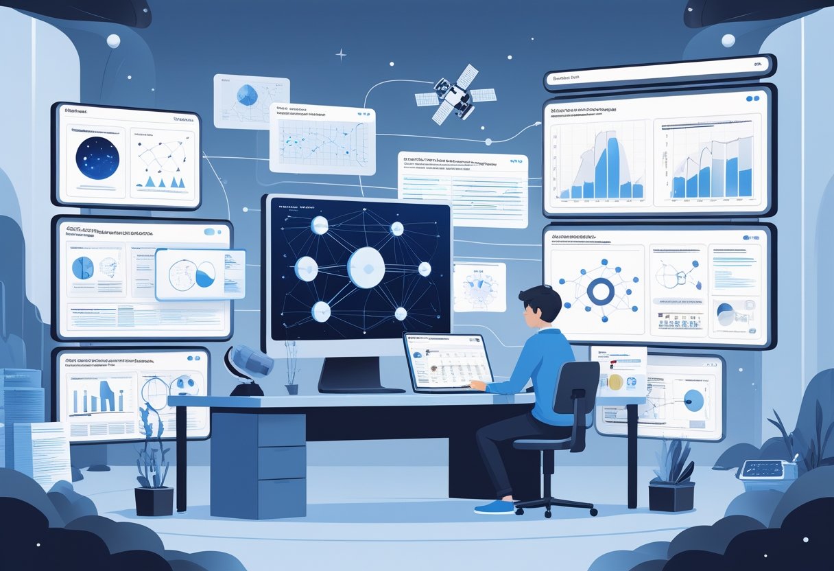 A person working at a desk with multiple digital screens showing space science data and AI analysis in a futuristic lab setting.