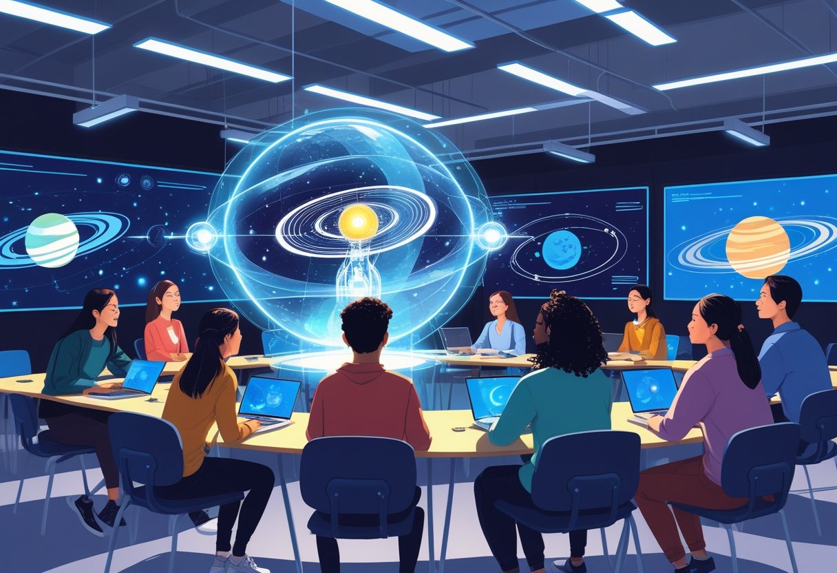 Students learning astronomy with a holographic AI tutor showing a 3D solar system in a modern classroom.