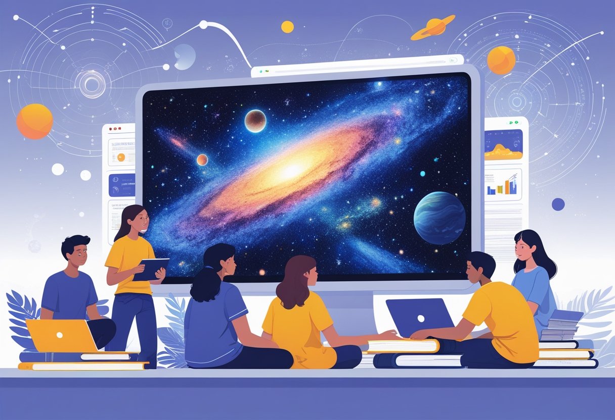 Students studying astronomy online with a digital screen showing a galaxy and AI elements in a modern study space.