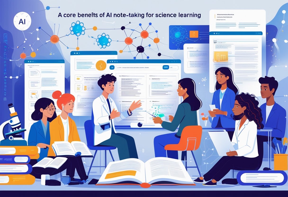 A group of students and researchers studying science with digital note-taking tools in a modern study space surrounded by scientific equipment.