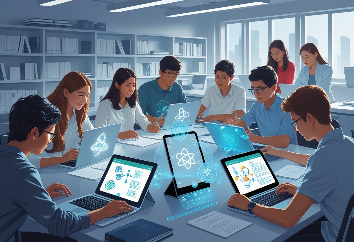 A group of science students using digital devices with holographic scientific symbols in a modern study space.