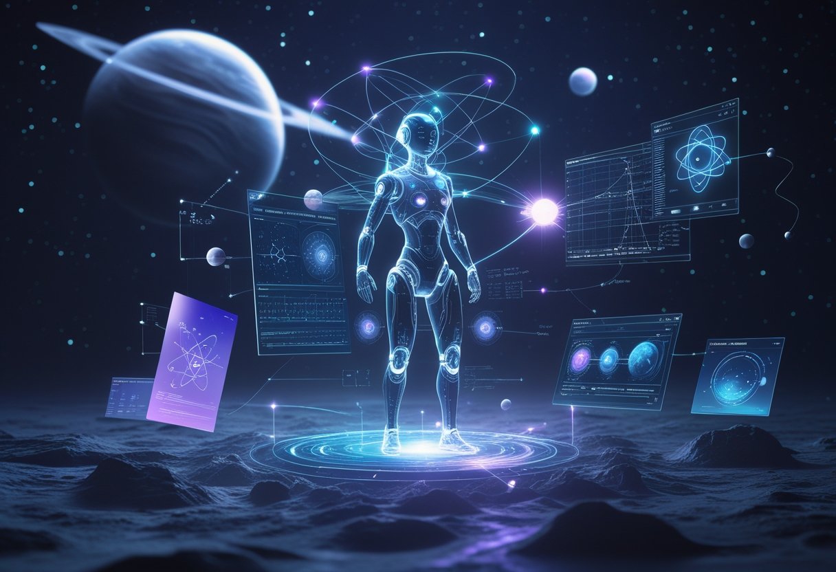 A futuristic scene showing an AI interacting with physics equations and space elements like planets and stars, symbolizing the connection between artificial intelligence and self-learning in physics.