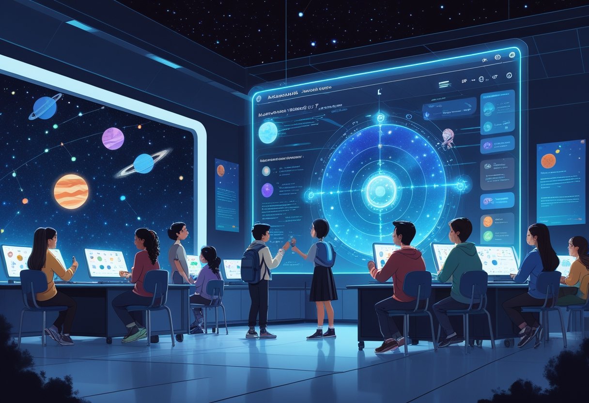 A group of students interacting with digital astronomy displays and holographic interfaces showing stars and planets in a futuristic classroom with telescopes and a starry sky outside.