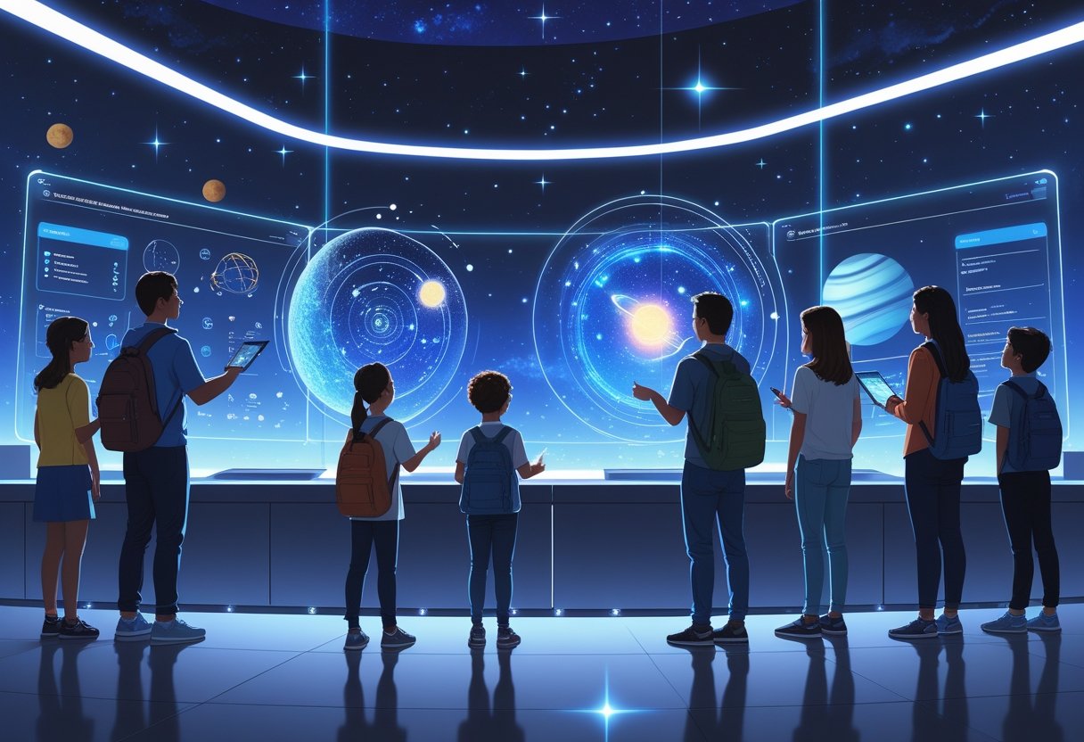 A group of learners interacting with AI-powered holographic astronomy displays showing star charts and planetary models in a modern learning environment.