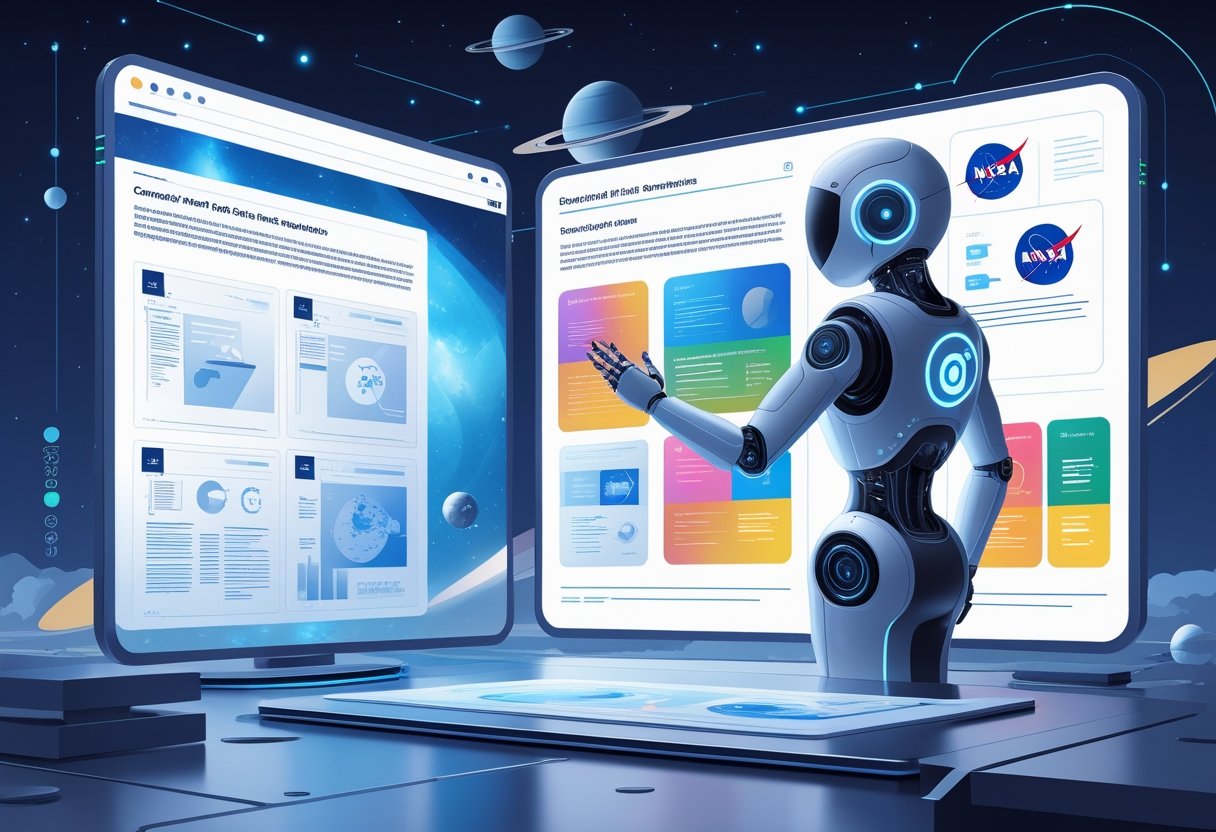 A futuristic workspace where AI technology transforms complex NASA documents into simple summary cards, with space-themed elements in the background.