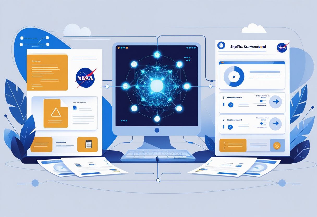 Illustration showing a workflow from detailed NASA documents through AI processing to simplified summary reports connected by arrows.