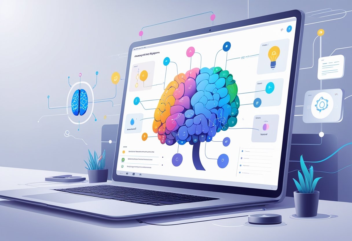 A digital workspace showing a computer screen with a colorful mind map and AI-themed icons around it.