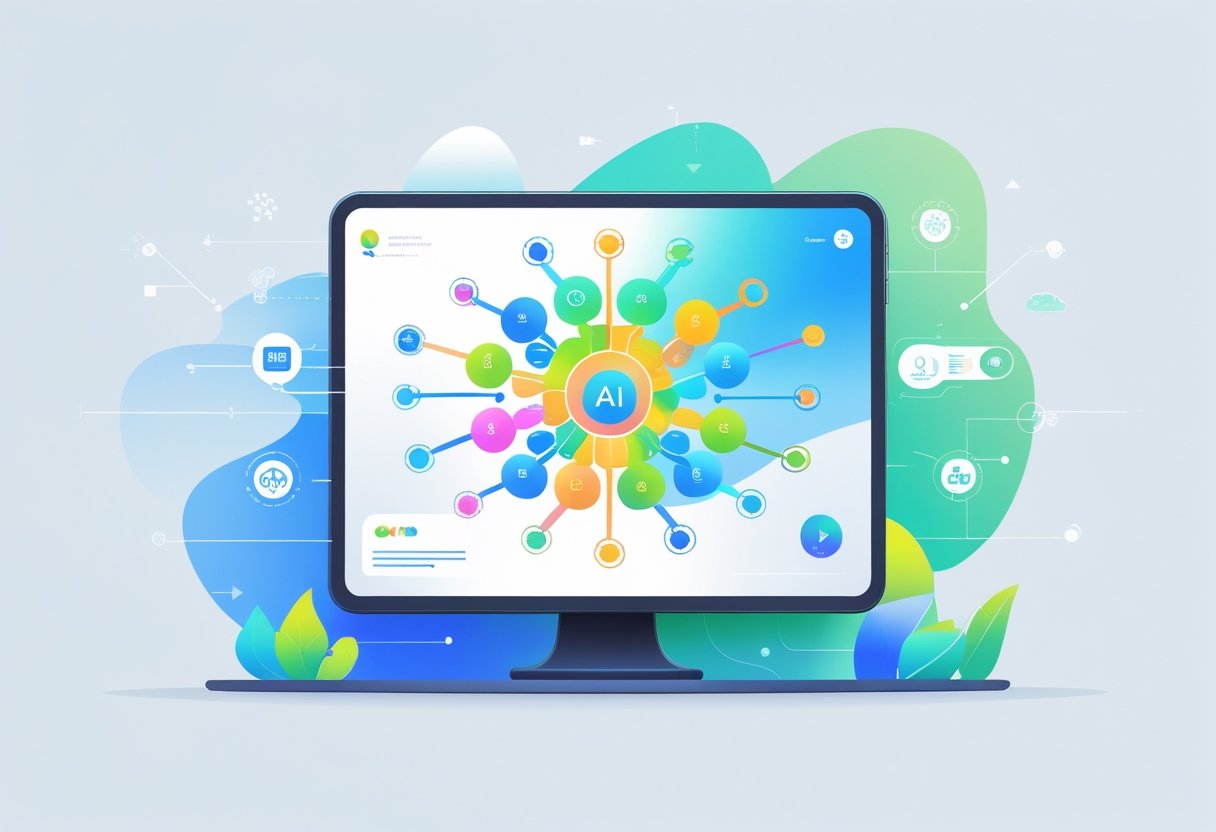 A workspace with a computer showing a colorful mind map with interconnected nodes and holographic AI icons around it.