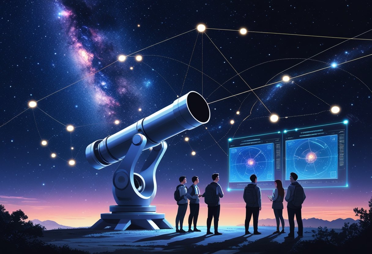 Scientists observing stars, nebulae, and galaxies through a telescope with digital overlays representing AI analyzing celestial objects.
