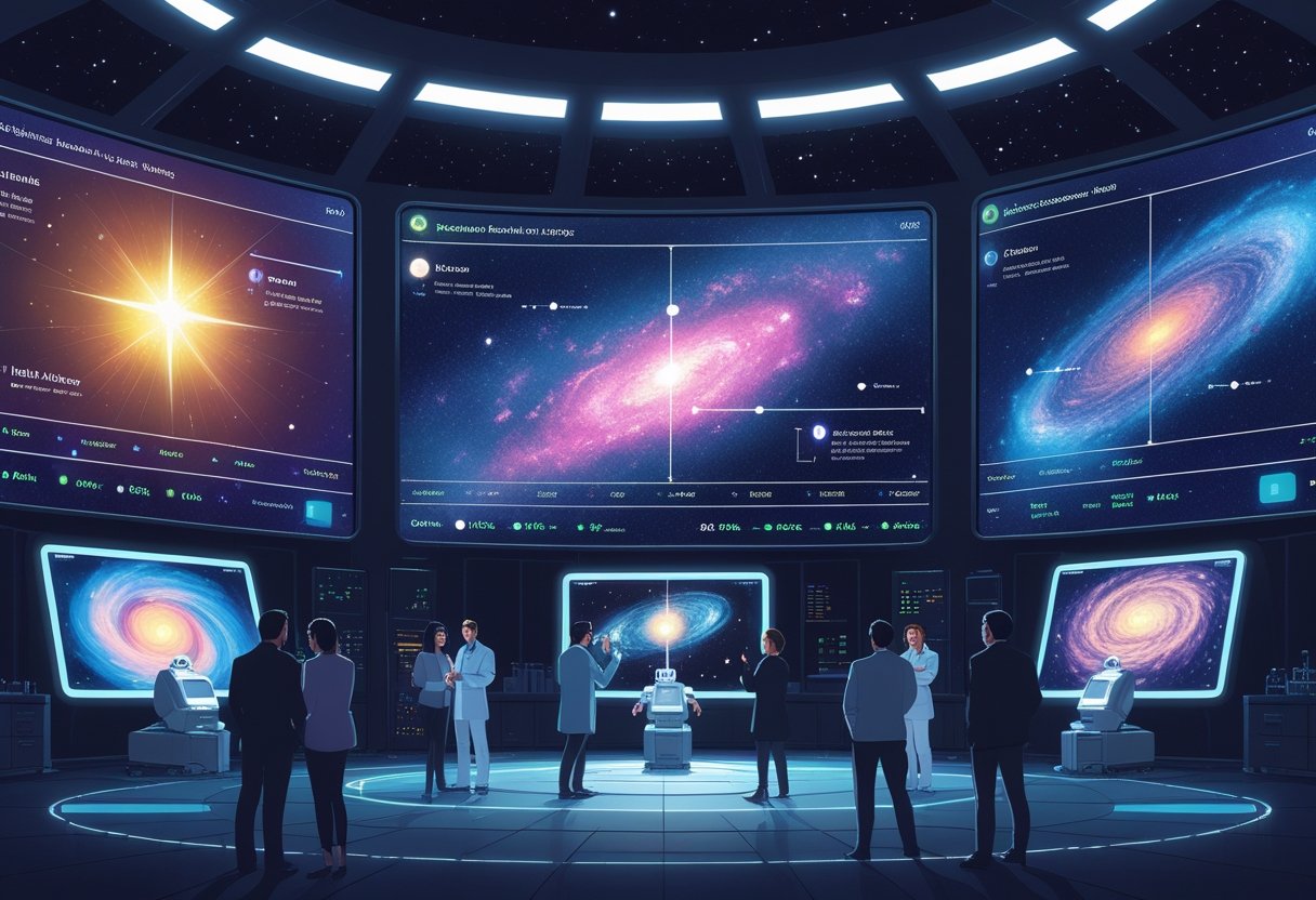 A group of scientists and AI holograms analyzing detailed visualizations of stars, nebulae, and galaxies on digital screens inside an observatory with a starry sky visible outside.