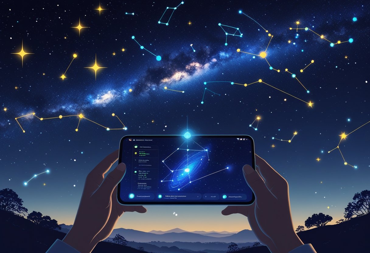 A person using a smartphone to view an augmented reality star map under a clear night sky filled with stars and constellations.