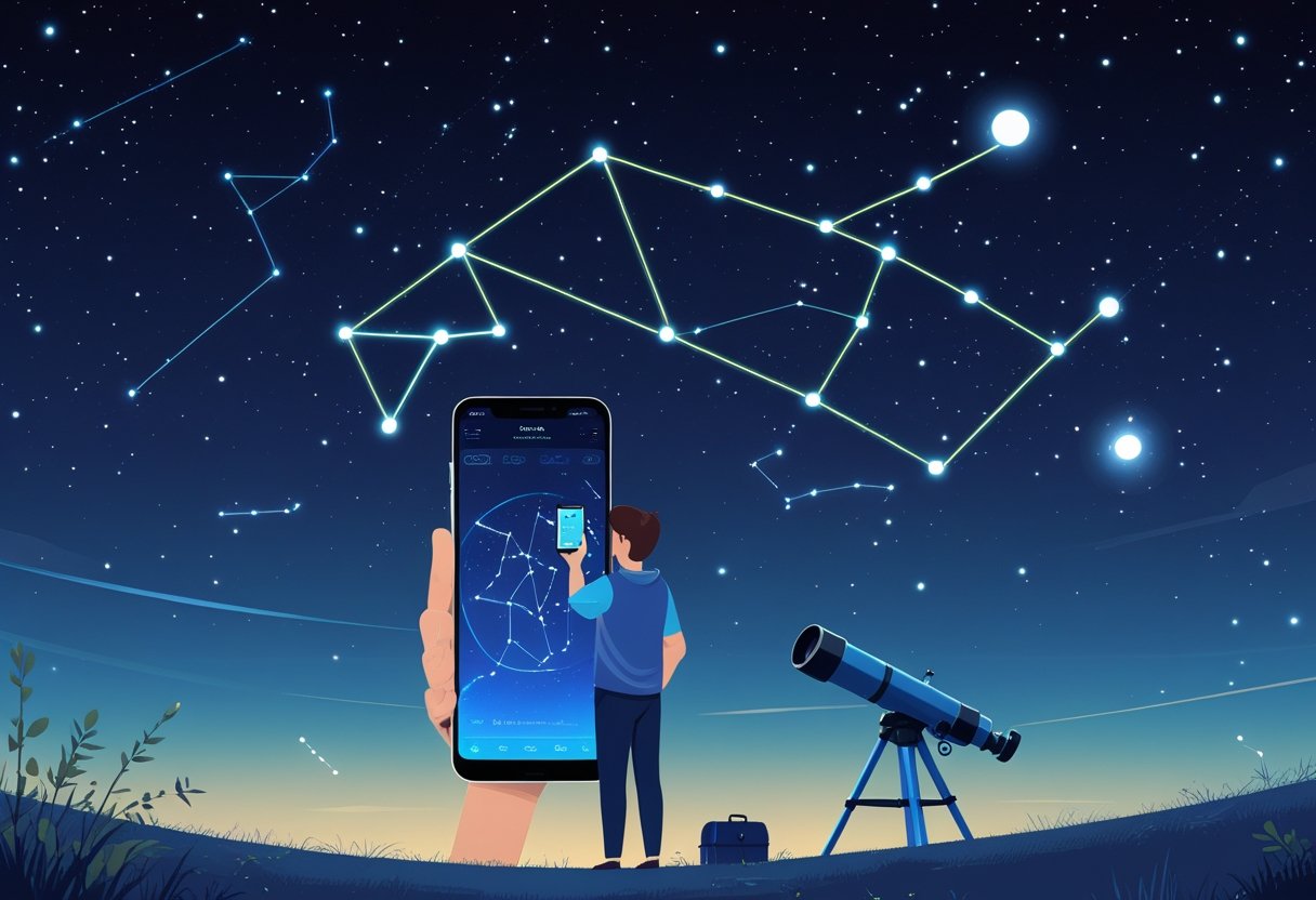 A person outdoors at night using a smartphone app to identify stars and deep sky objects with a telescope nearby and a star-filled sky overhead.