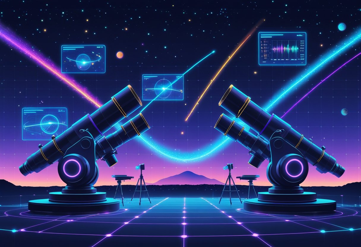 A futuristic observatory using AI technology to scan a starry sky with visible planets and meteor showers, showing holographic data and digital graphs.