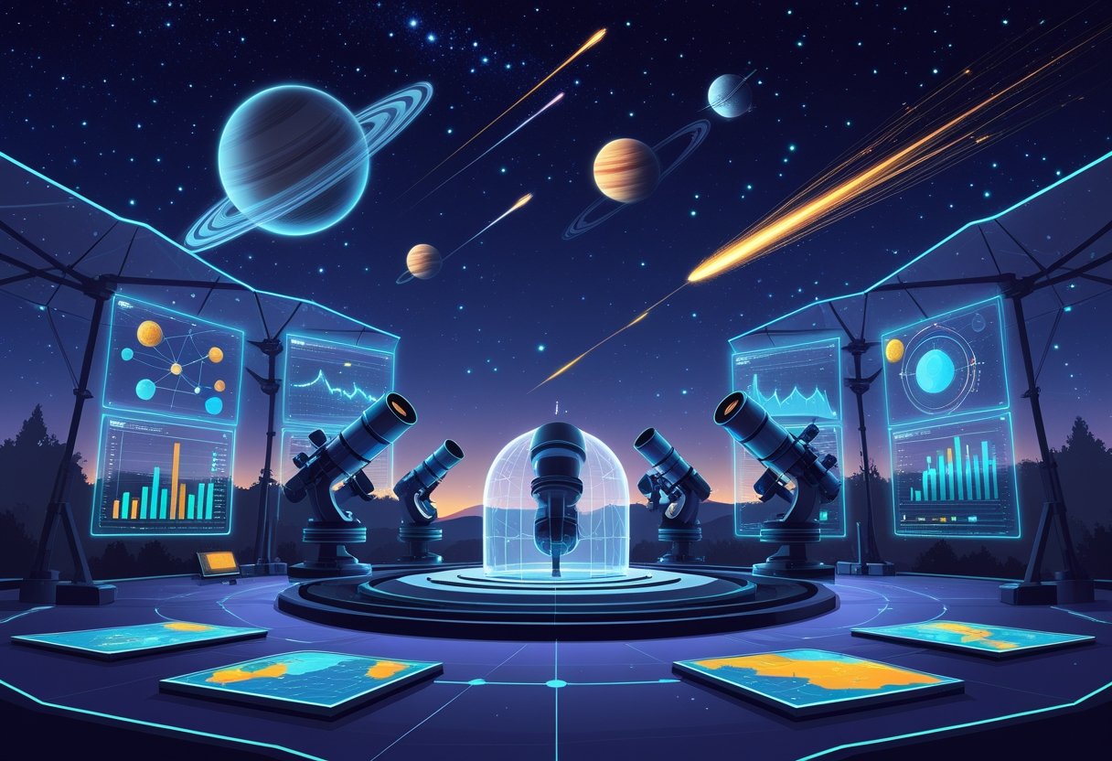 A nighttime observatory with telescopes and satellite dishes aimed at planets and meteor showers, surrounded by holographic data displays showing AI analysis of celestial movements.