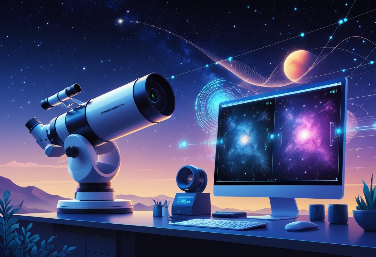 A telescope under a starry night sky with a computer screen showing before and after images of a nebula enhanced by AI.