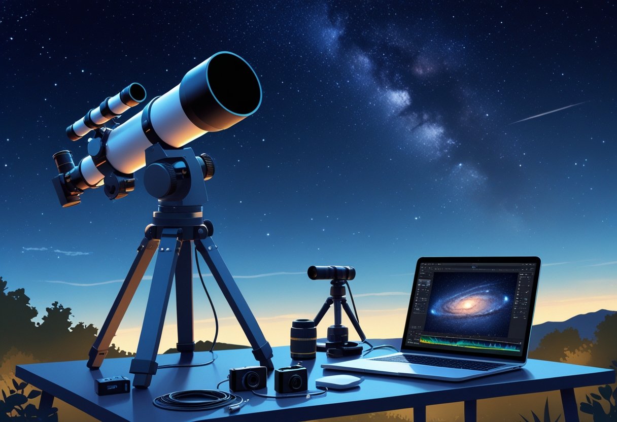 An outdoor nighttime scene showing a telescope on a tripod pointed at the starry sky, with a laptop nearby displaying enhanced telescope photos and various astrophotography accessories arranged on a table.