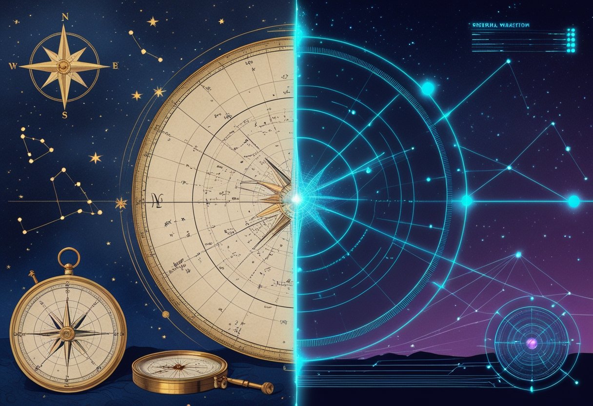 A split image showing a traditional star map with hand-drawn constellations and navigation tools on one side, and a futuristic digital star map with glowing lines and holographic data on the other.