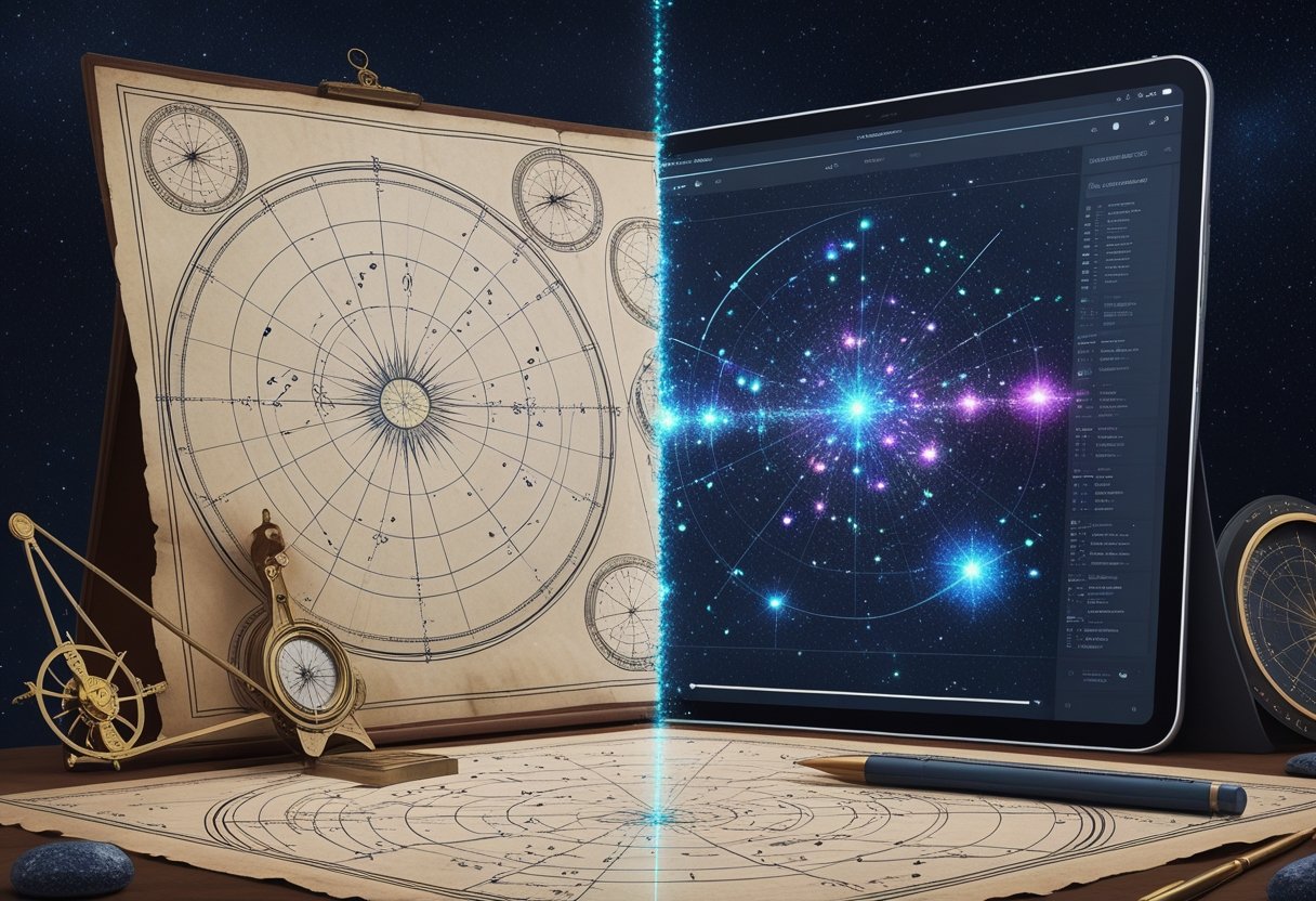 A split scene showing an antique star map with classic navigation tools on one side and a modern digital star map with AI elements on the other, set against a starry night sky.