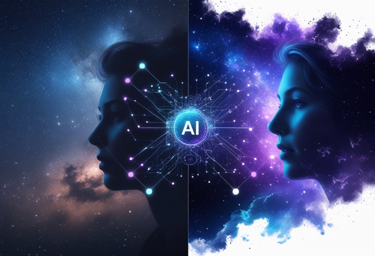 A night sky split into two halves showing a noisy star-filled sky on the left and a clear, noise-free starry sky on the right, connected by a glowing digital interface representing AI technology.