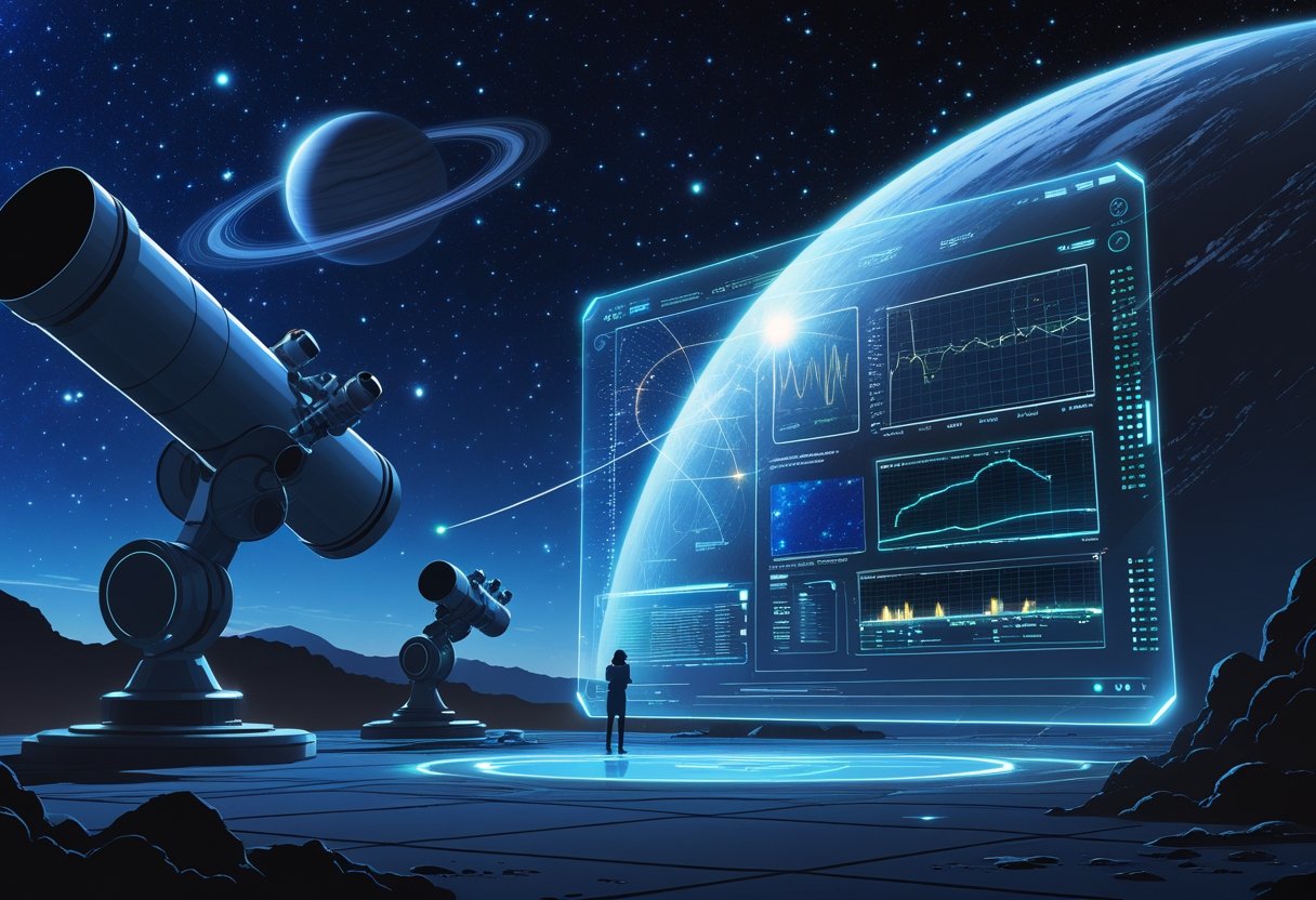 A space observatory with telescopes scanning stars, a holographic interface showing data analysis, and planets orbiting a distant star.