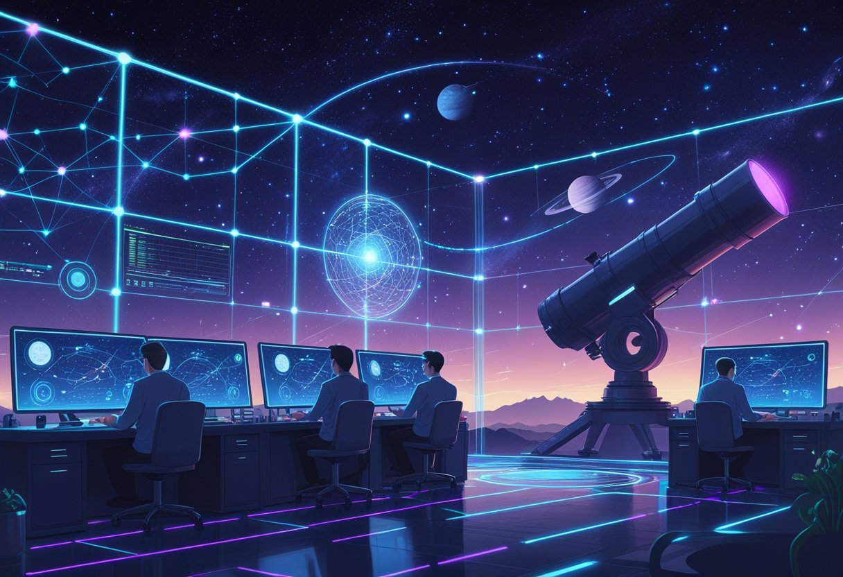 Scientists in a futuristic lab use advanced technology and AI to analyze star maps and detect exoplanets against a backdrop of a telescope and a star-filled sky.