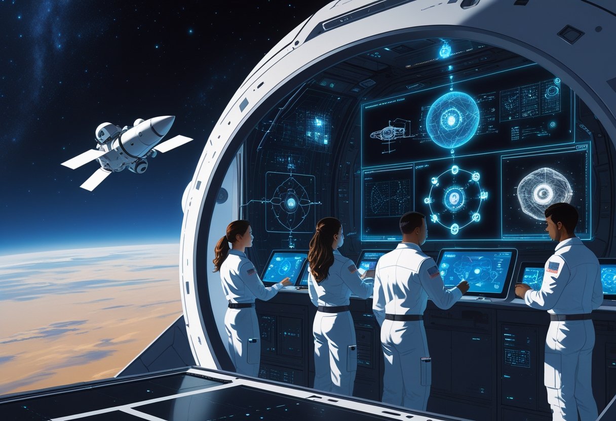 A NASA spacecraft orbiting a planet with scientists using advanced AI technology inside the spacecraft to assist in space exploration.