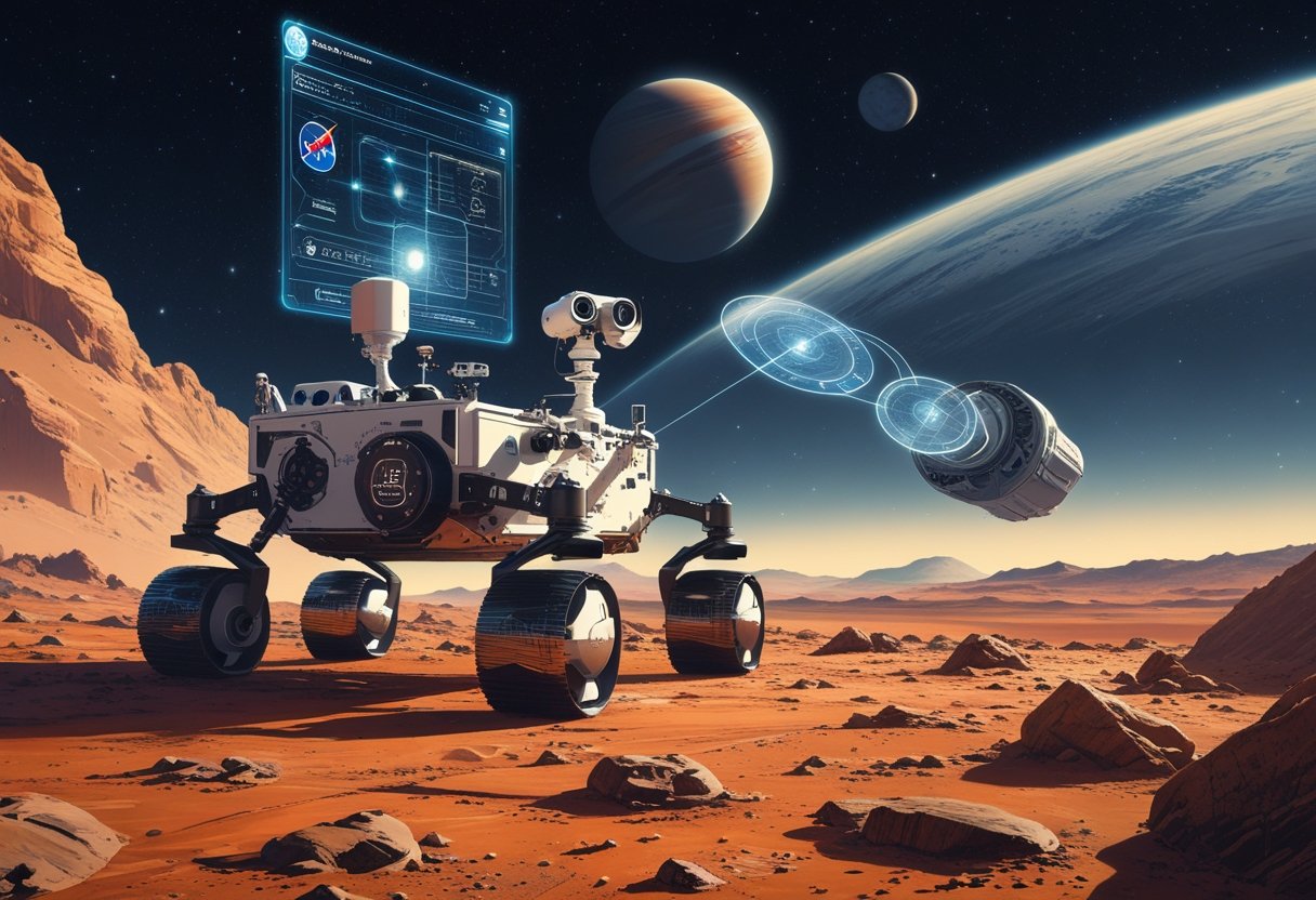A Mars rover exploring a rocky landscape with a holographic AI interface above it and a NASA space station orbiting in the background.