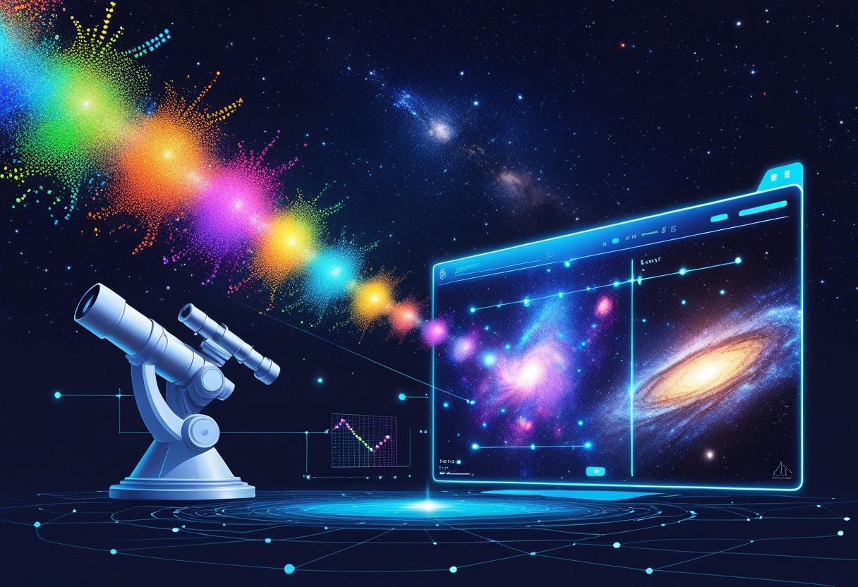 A telescope collecting raw data that is processed by an AI system to produce clear images of stars and galaxies.
