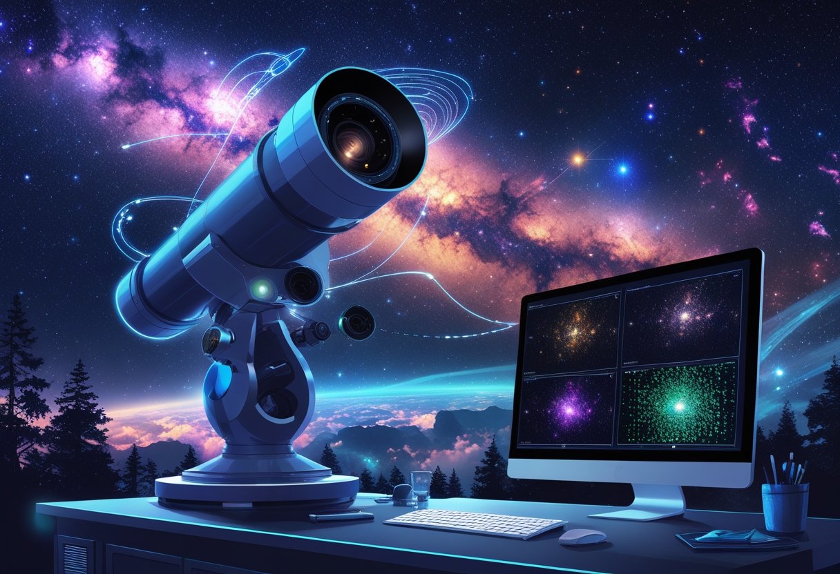A telescope capturing starry skies with a digital interface showing raw data being transformed into clear space images.