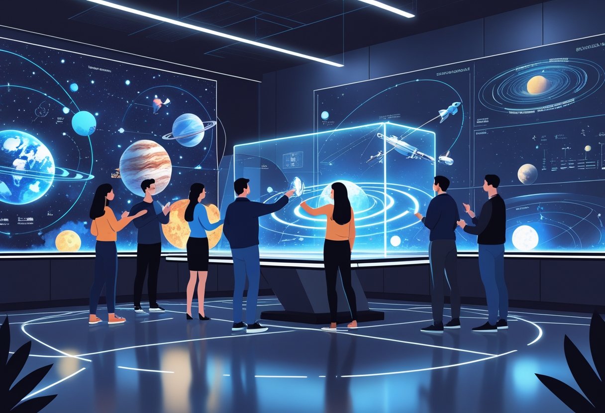 People interacting with futuristic holographic displays showing planets, rockets, and space diagrams in a modern workspace.