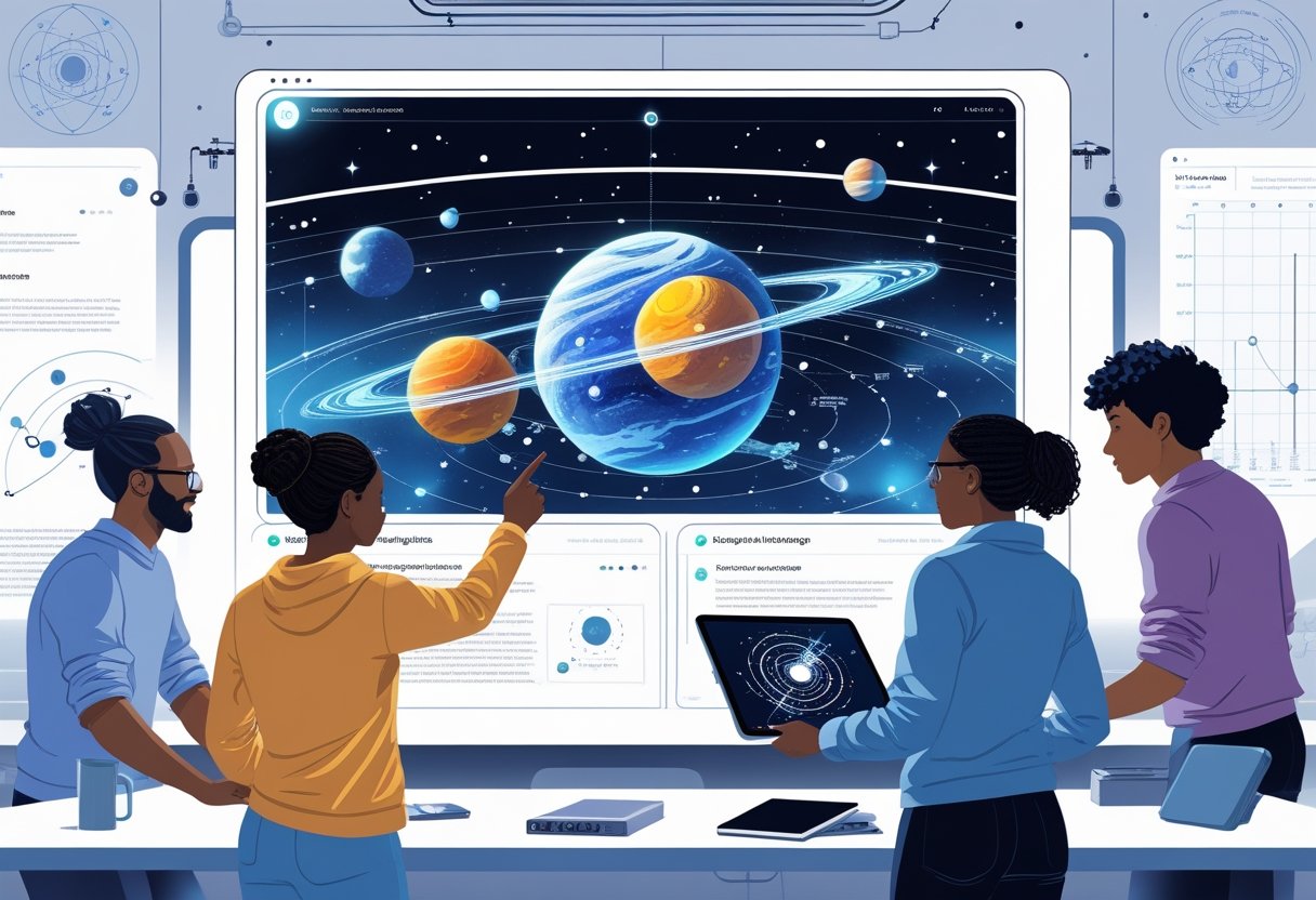 A group of people interacting with a holographic 3D solar system model in a modern learning space, using technology to explore space concepts.